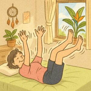 横になり手足をバタバタさせている女性の画像