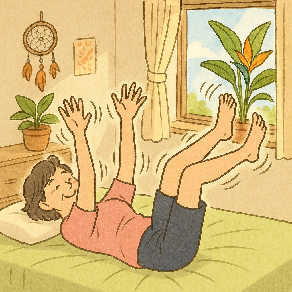 横になり手足をバタバタさせている女性の画像